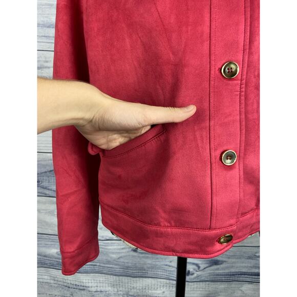 Chicos 0 Faux Suede Jacket Womens S Long Sleeve Collared Front Pockets Magenta - Picture 5 of 12